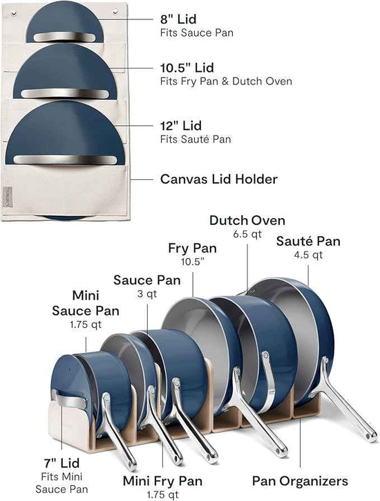 Caraway 24-Piece Nonstick Ceramic Cookware Set - Includes Fry Pans, Sauce, Sauté Pan, Dutch Oven, Petite Cooker, Stir Fry, Rondeau, Stock Pot, Lids & Storage Organizers - Navy