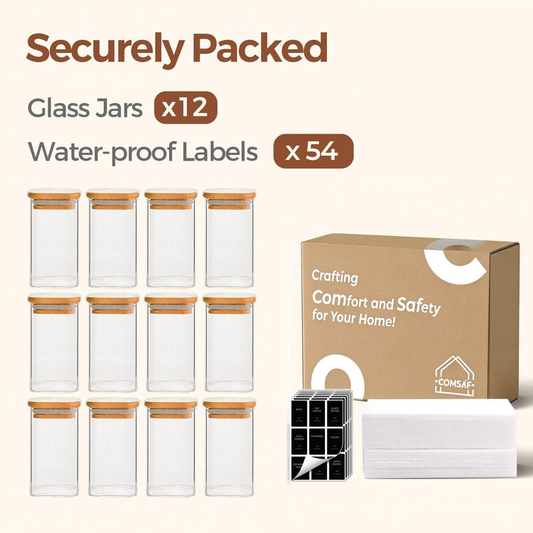 Glass Spice Jars with Labels 10 oz 12 Pack Large Square Bamboo Lids (12 Count)