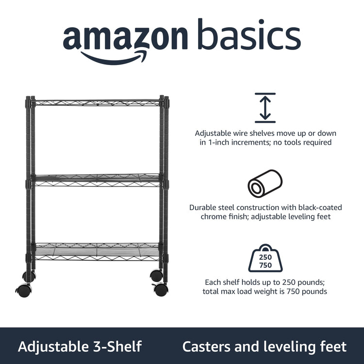 3 Shelf Adjustable Heavy Duty Storage Shelving Unit on 2" Wheels