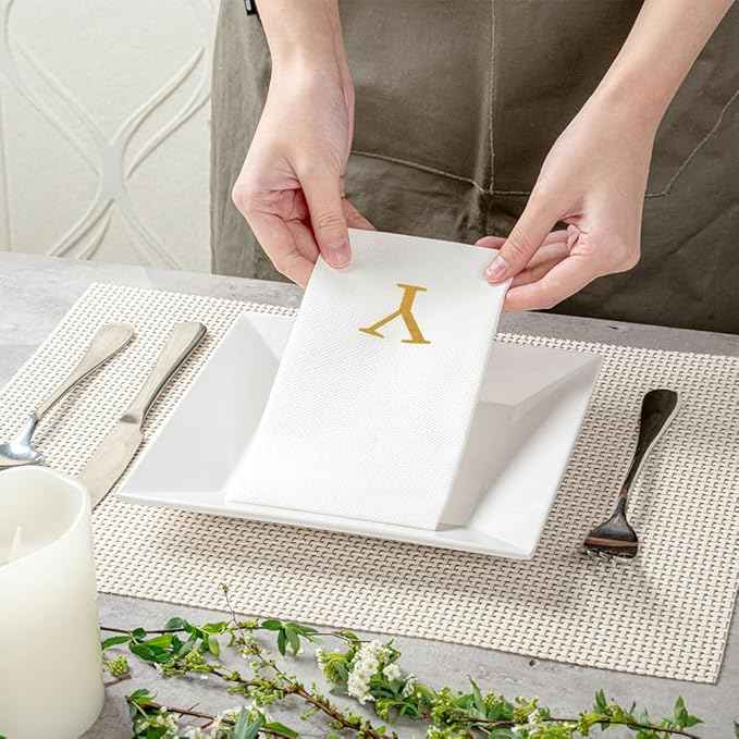 Luxenap 15.8 X 7.9 Inch Linen-Feel Guest Towels, 2000 Lettered Hand Towels - Gold Letter 'Y', Sans Serif Font, White Paper Dinner Napkins, airlaid, For Restrooms And Tables - Restaurantware