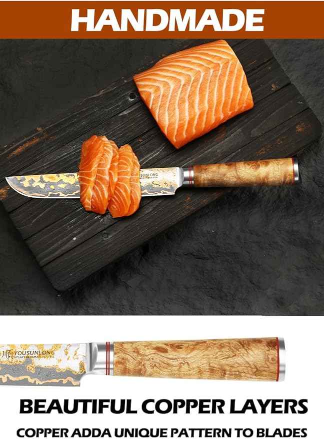 YOUSUNLONG Sakimaru Knife 8" - Japanese Sushi Knife - Handmade Copper Damascus Steel Carving Knives - Ultra Sharp Salmon Knife - Naturel Burl Wooden Handle with Leather