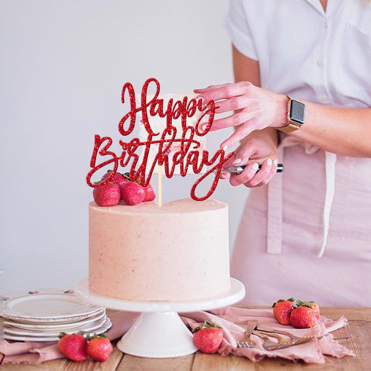 1 PCS Red Glitter Happy Birthday Cake Topper for Celebrating Birthday