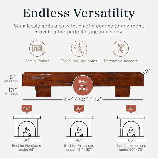 MANTELSDIRECT Breckenridge 48” Fireplace Mantel Shelf with Corbels – Rustic Floating Mantel Shelf for Over Fireplace – Cherry - Wood Shelf for Wall – Pine Box Construction