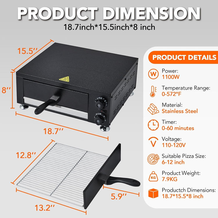 Commercial Electric Pizza Oven 12 in 1100W Sealed Stainless Steel Countertop Pizza Maker with Timer for Restaurant