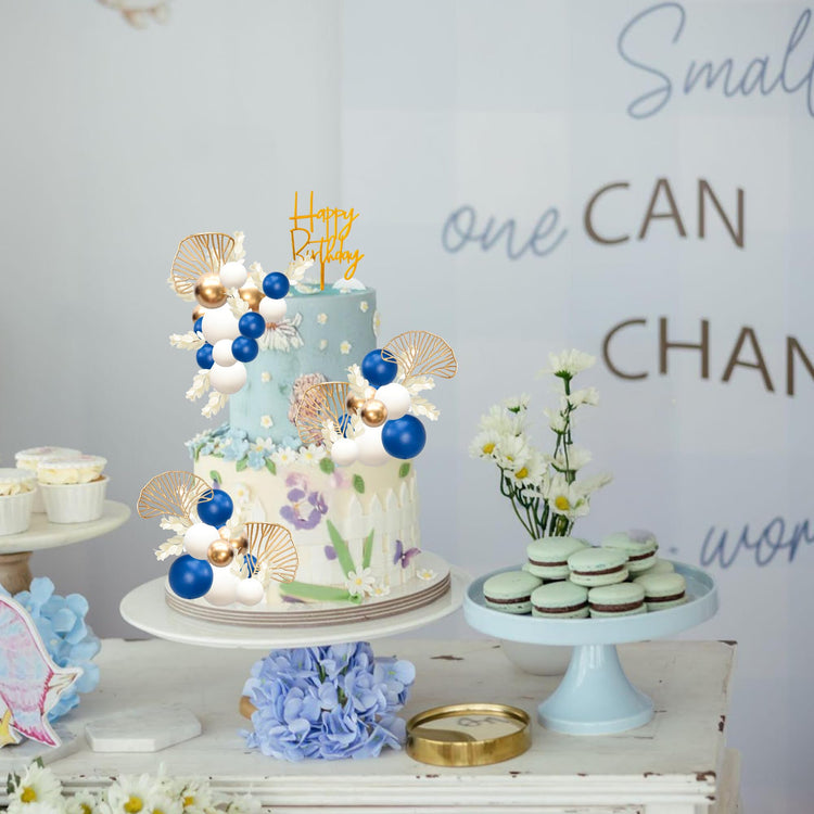 57Pcs Balls Cake Topper Boho Grass Cake topper Pearl Balls Acrylic Happy Birthday Cake Decorations for Wedding Baby Shower Birthday Boho Themed Party Supplies Royal Blue (57 Count)