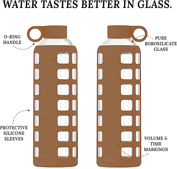 purifyou 40oz / 32oz / 22oz / 12oz Borosilicate Glass Water Bottle with Time & Volume Markers, Silicone Sleeve, Stainless Steel Lid – Reusable Glass Bottle for Water & Juice (40oz Iced Coffee)