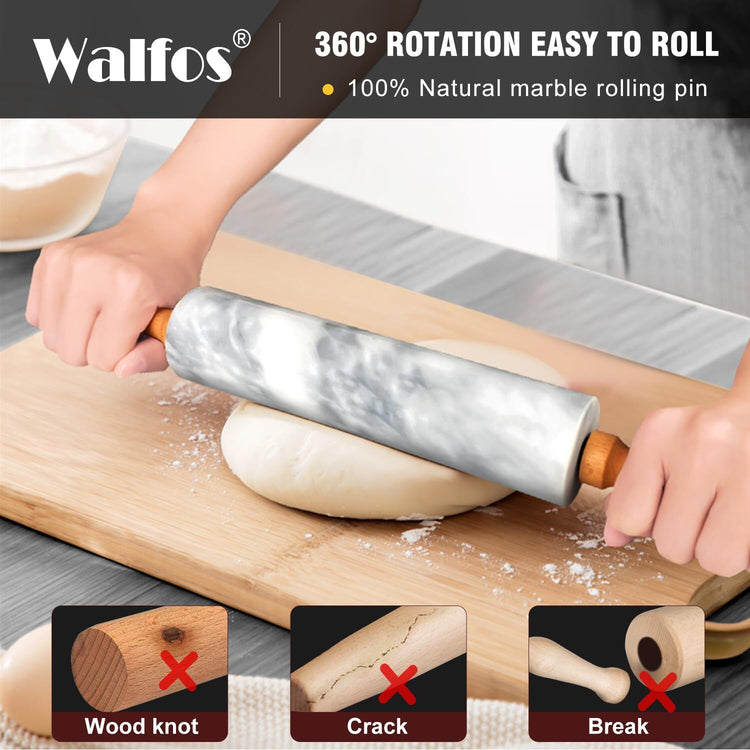 Marble Rolling Pin With Wooden Handles & Wood Cradle