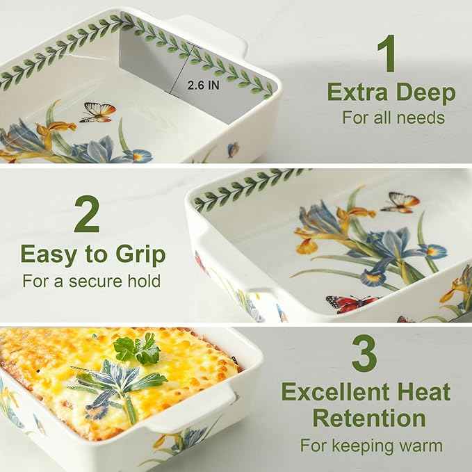 Ceramic Iris Baking Casserole Dish with Handles, Large 2 pieces 8x13 inch & 6x10 inch Lasagna Baking Dish and Middle Flower Andplant Baking Pan,Porcelain Serving Bakeware Set