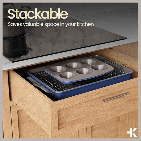 Bakken 8-Piece Ceramic Coated Bakeware Sets, Nonstick Aluminized Steel Pans with Muffin, Loaf, Cake, Roasting Pan, & Cooling Rack, Oven Safe Up To 500°F, Dishwasher Safe, BPA, PTFE & PFAS Free, Blue