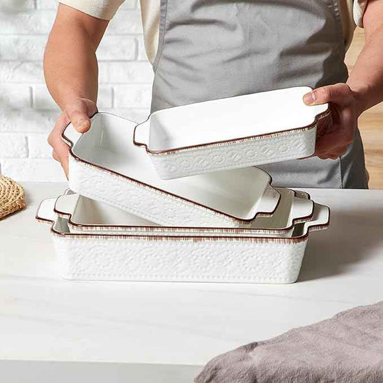 ONEMORE Casserole Dishes for Oven, Ceramic Baking Dish Set of 4, Non-Stick Lasagna Pans with Handles, Rectangular Bakeware Set for Cake, Roasting, Broiling, Gratin, Banquet, Microwave & Dishwasher Safe(3.8/2.6/1.7/1.1 Qt) (White 01)