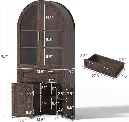 Itaar 71" Arched Kitchen Pantry Cabinet, Kitchen Storage Cabinets with 1 Large Drawer & Storage Cart 2 Tier & Door Shelves for Living Room, Dining Room, Brown