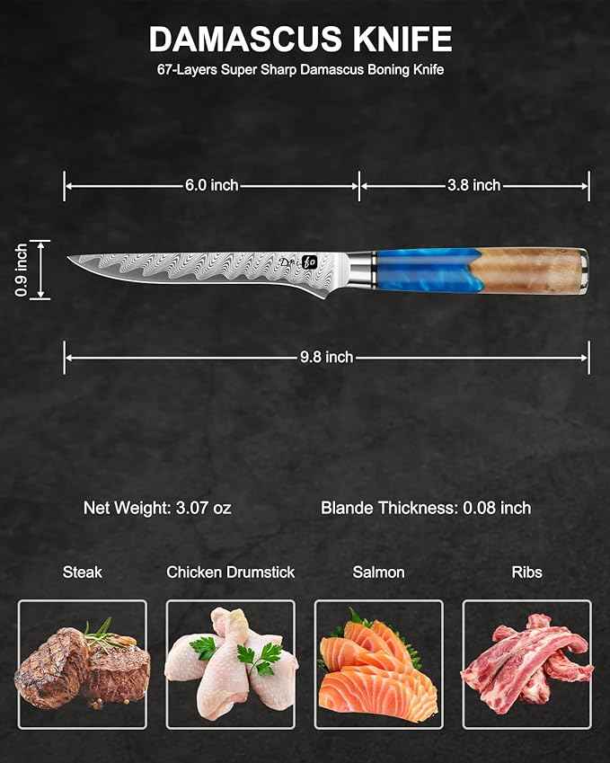 Damascus Boning Knife 6 Inch,VG10 Core Steel with 66-Layers High Carbon,Professional Boning Knives for Meat Poultry Chicken,Blue Resin & Wood Handle,Ideal Gift for Chefs and Cooking Lovers