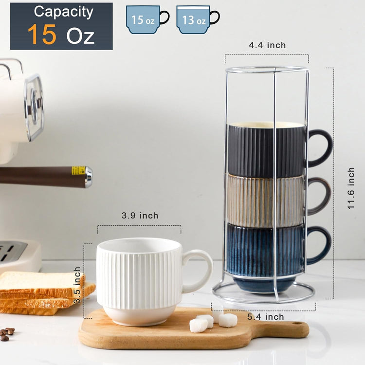 Hasense Coffee Mug Set of 4 with Holder - 15 oz Stackable Large Ceramic Ribbed Latte Cup Set for Cappuccino, Tea, Hot Cocoa, Drinks - Dishwasher & Microwave Safe Multi color
