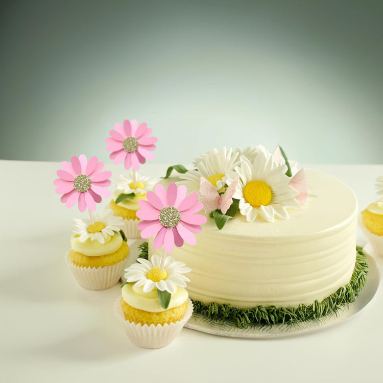 24Pcs Daisy Cupcake Toppers Flower Cake Topper Decorations Daisy Cake Decorations Chrysanthemum Cupcake Toppers Spring Daisy Flower Cake Picks for Birthday Wedding Supplies Light Pink (24 Count)