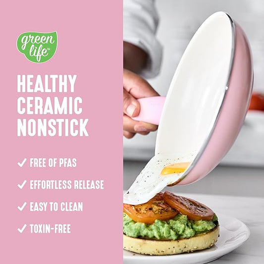 GreenLife 8 Piece Nonstick Cookware Set, Non-Toxic PFAS-Free Ceramic Pots & Pans, Dishwasher & Oven Safe, Frying, Sauce, Stock Pot, Glass Lids, Stay-Cool Handles, Wobble Free, Light Pink