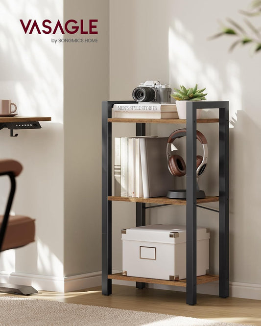 VASAGLE 3-Tier Bookshelf, Bookcase with Steel Frame, Book Shelf for Living Room, Home Office, Study, 9.4 x 15.7 x 30.1 Inches, Industrial Style, Rustic Brown and Ink Black ULLS098K02
