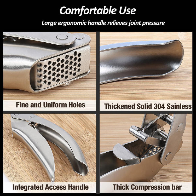VOVOLY Premium Garlic Press Stainless Steel, No need to Peel Garlic Presser, Heavy Duty Professional Grade Double Lever-Assisted Garlic Mincer with High Capacity Chamber- Easier Clean Garlic Crusher