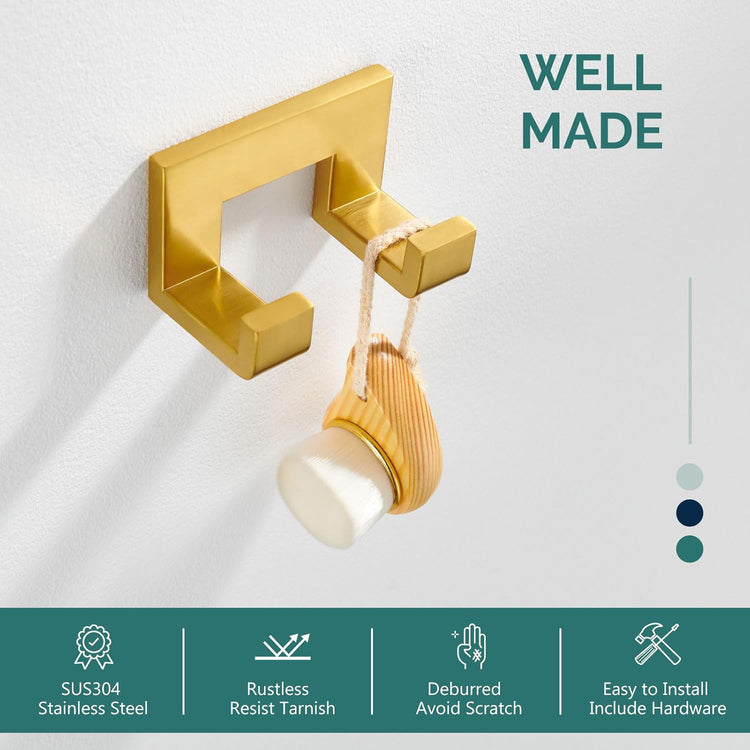 Angle Simple Towel Hook, SUS 304 Stainless Steel Wall Coat Hook, Bathroom Double Hand Towel Holder, Brushed Gold