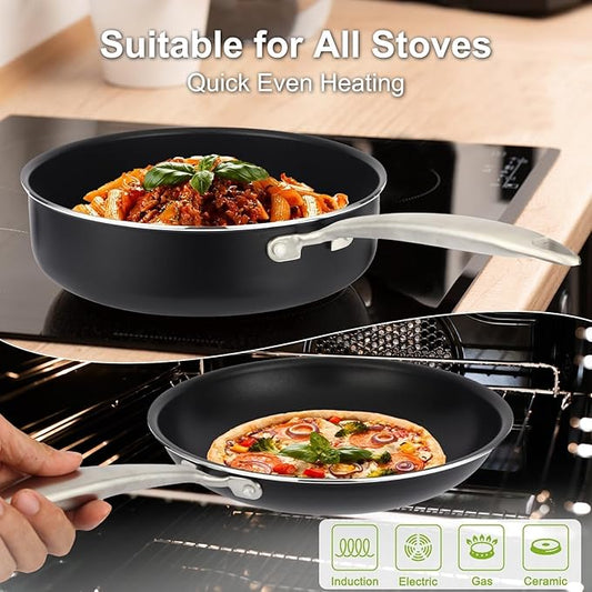 Pots and Pans Set Nonstick, 5-Piece Ceramic Cookware Set, Stainless Steel Handles, Induction Compatible & Oven Safe, Non Toxic Healthy Cooking Set for RV & Apartments, Matte Black