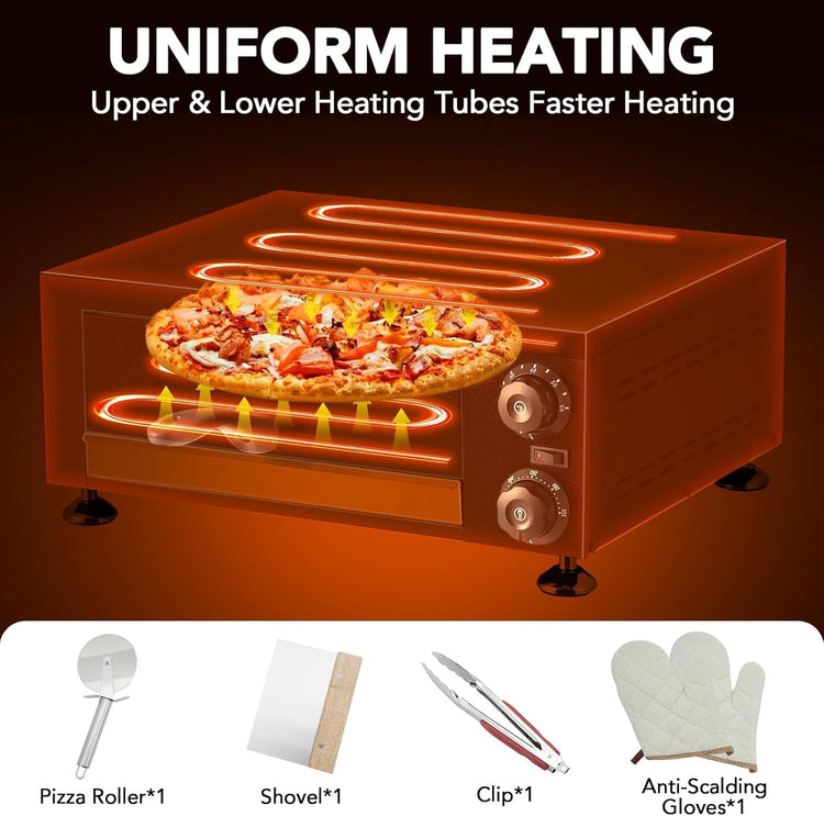 Commercial Electric Pizza Oven 12" 1100W Sealed Stainless Steel Countertop Pizza Maker with Timer for Restaurant, Pizzeria, Food Truck | Indoor Professional Baking Equipment