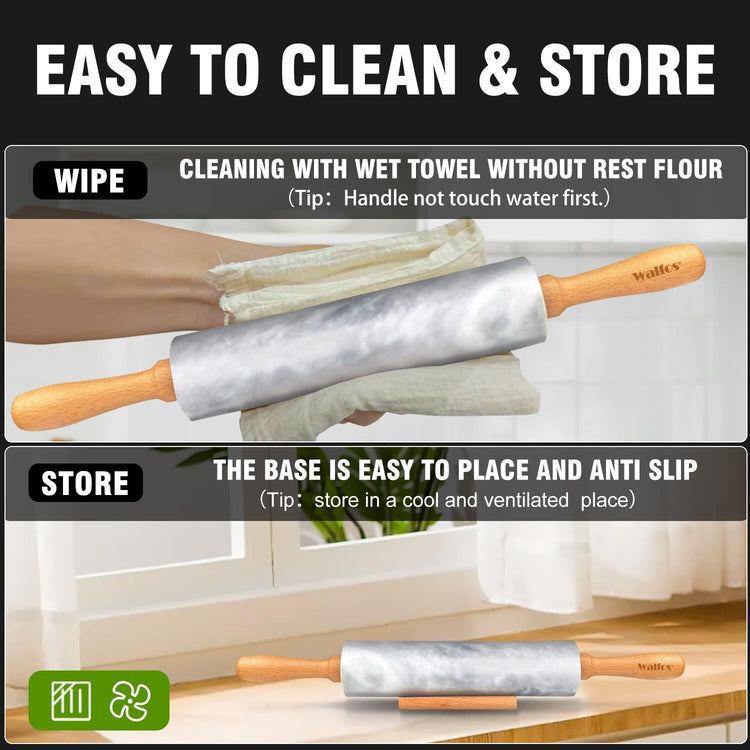 Marble Rolling Pin With Wooden Handles & Wood Cradle