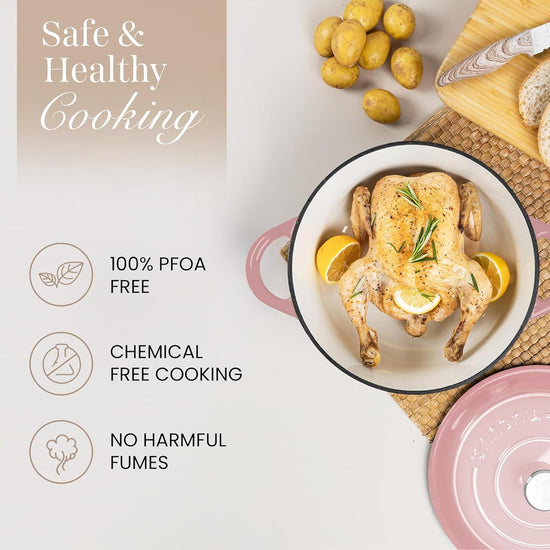 Nuovva Enamelled Cast Iron Dutch Oven Pot with Lid 6.4 Quart Non Stick Casserole Pot – Heavy Duty & Oven Safe up to 500° F for Bread Baking, Braising, Stews, Roasting – 28cm Pink - Nestoria