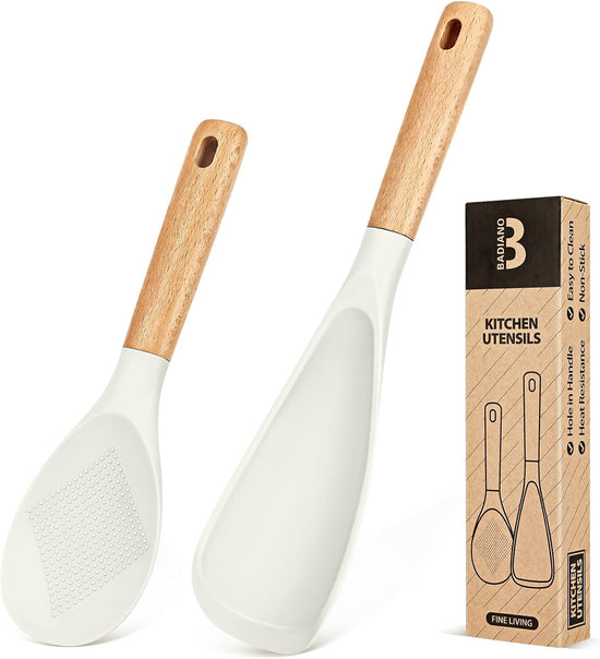 Cooking Spoon and Rice Scooper for Nonstick Cookwares, Great for Cooking and Serving Sturdy BPA-Free Matte Silicone, Wood Handle Spoon for Mixing, Scoop, and Scrape (WHITE) - Nestoria