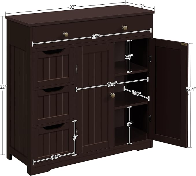 Yaheetech Bathroom Floor Cabinet, Large Storage Space Wooden Organizer with 1 Big Drawer, 3 Small Drawers & 2 Doors, Free-Standing Cupboard for Kitchen/Living Room/Bathroom Use, Espresso