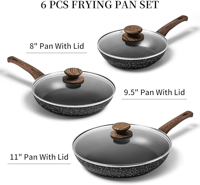Frying Pan Set - 3 Pcs Nonstick Skillets With Lids, PFOA Free, Induction Compatible, Black