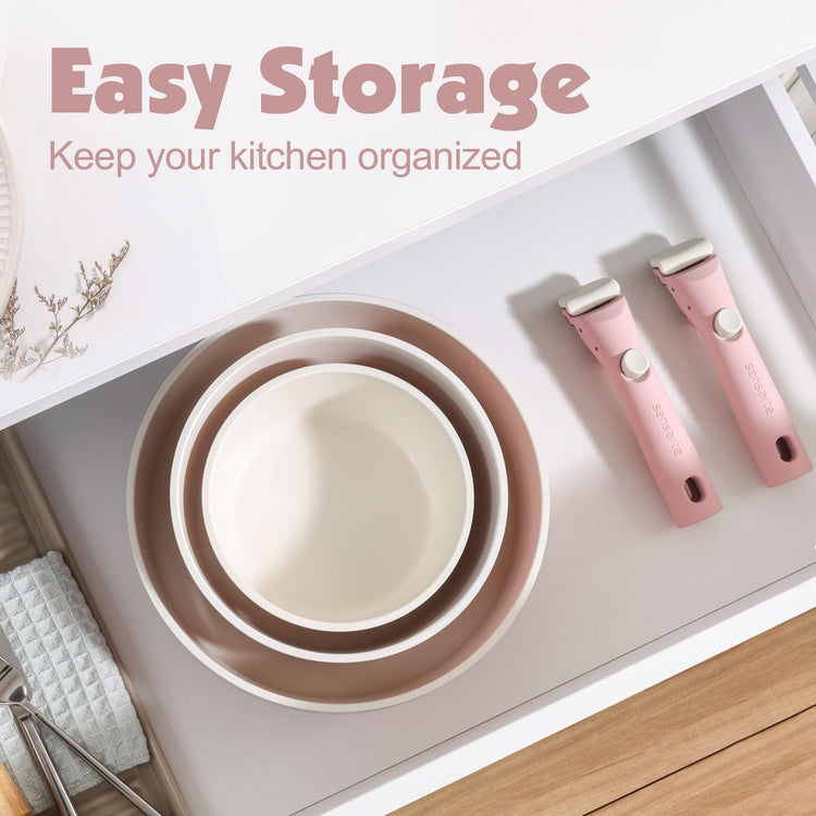 17 Piece Ceramic Detachable Handle Pots and Pans Set Pink