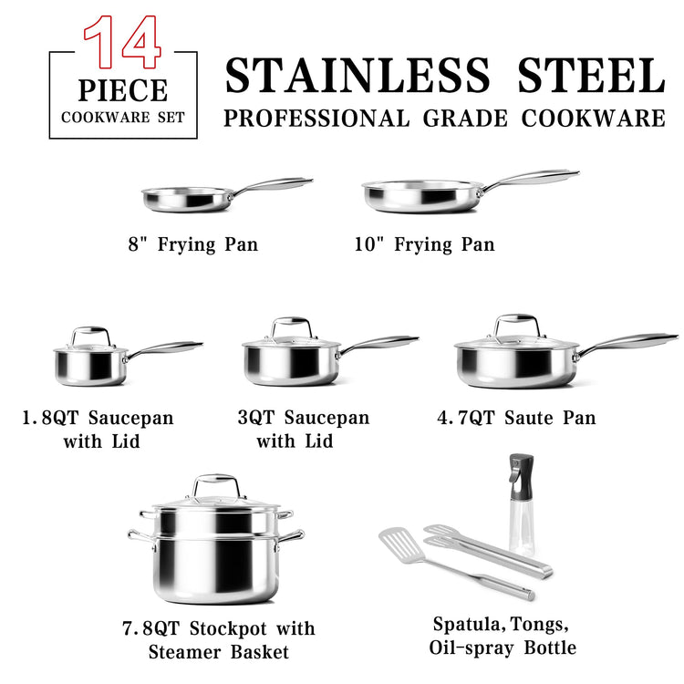 Stainless Steel Cookware Set Pots And Pans Set with Steamer Basket