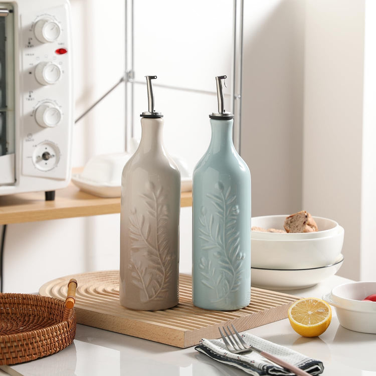 Sweejar Large Olive Oil Dispenser Bottle with Spout, 24 Oz Ceramic Oil Dispenser for Kitchen, Relief Opaque Cruet, Container for Cooking, EVOO, Vinegar, Pack of 1 (Light Blue)