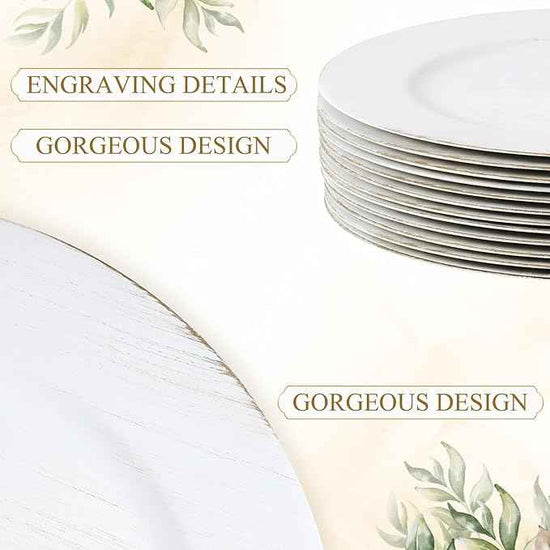 Tanlade 12 Pcs Charger Plates Bulk 13 Inch Plastic Vintage Wedding Chargers Floral Decorative Plates with Metallic Ruffled Rim for Wedding Party, Holiday Event Supplies(White)