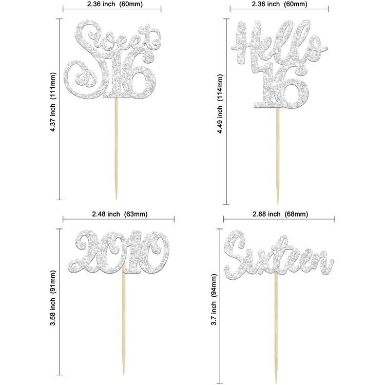 24Pcs 16th Birthday Cupcake Toppers Silver Glitter Hello 16 Sweet 16 Cupcake Picks 2010 16th Birthday Cake Decorations for Celebrating Anniversary Party Supplies (24 Count)