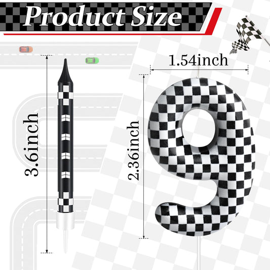 13 Pcs Racing Cars Themed Birthday Candles Black and White Race Number 9 Checkered Candle Cake Topper for Racing Car Party Decoration Supplies (13 Count)