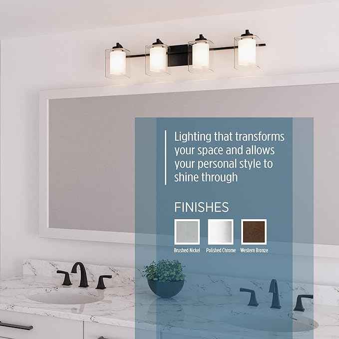 Quoizel Kolt Modern Vanity Lights, 4-Light, 29 Inch Brushed Nickel Bathroom Lighting Fixtures Over Mirror, Sandblasted Inner Glass, 50 W LED Bulb, Wall Mount Light for Bathrooms, Kitchen or Hallway