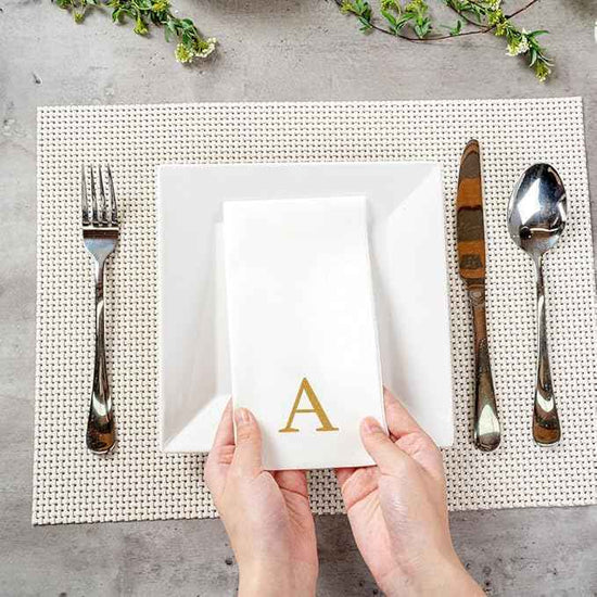 Luxenap 15.8 X 7.9 Inch Linen-Feel Guest Towels, 50 Lettered Hand Towels - Gold Letter 'A', Sans Serif Font, White Paper Dinner Napkins, airlaid, For Restrooms And Tables - Restaurantware