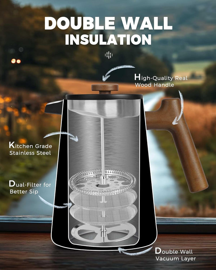 POLIVIAR French Press Coffee Maker, 34 oz Coffee Press with Real Wood Handle, Double Wall Insulation & Dual-Filter Screen, Food Grade Stainless Steel for Good Coffe and Tea, JX2025-XFPB