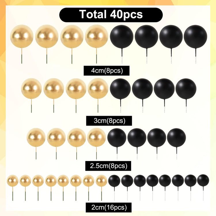40 Pcs Ball Cake Toppers Mini Balls Cake Decorations Black Gold Foam Balls Sticks DIY Cake Topper for Congrats Grade 2026 Graduation Men Birthday New Year Retirement Party Decorations (40 Count)