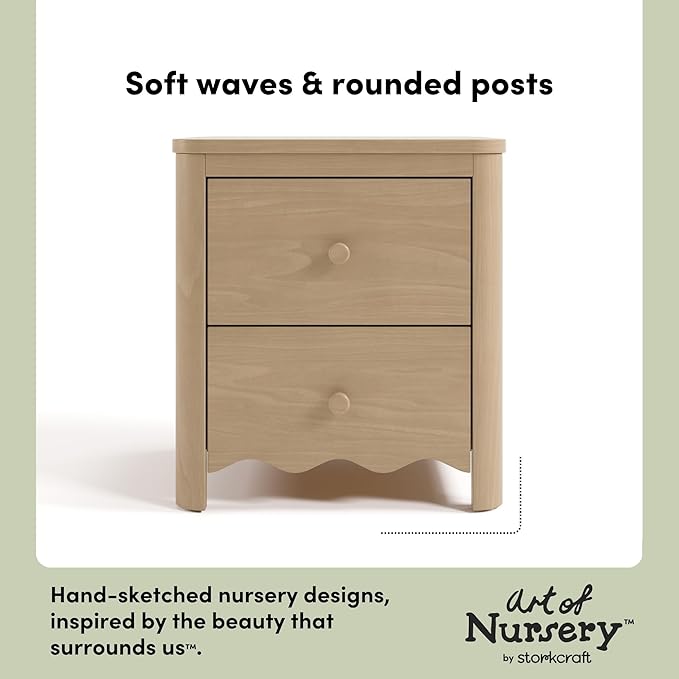 Storkcraft Casablanca 2 Drawer Nightstand (Driftwood) - GREENGUARD Gold Certified, Storage for Kids Bedroom, Premium Wood Nightstand with Elegant, Iconic Wave Detailing and Rounded Posts