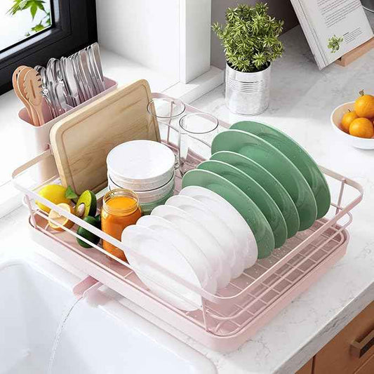 Kitsure Dish Drying Rack for Kitchen Counter, Stainless Steel Sink Organization and Storage Essentials with Cutlery Holder, Home and Appartment Decor, 12''W x 15.5''L, Pink