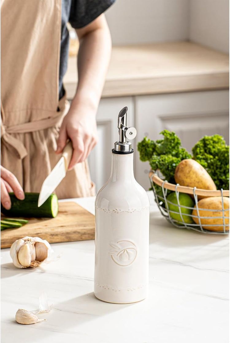 Olive Oil Dispenser Bottle, 18 oz Ceramic Oil Dispenser for Kitchen, Large Capacity Oli Bottle and Vinegar Cruet with Stainless Steel Spout, Cooking Oil Dispenser, Pack of 1, Off-White