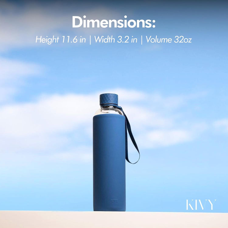 KIVY Glass Water Bottle with Silicone Sleeve 32 oz [WITH MEASUREMENT] - Borosilicate Glass Water Bottle Screw Top - Clear Bottles with Measurement Marking - Slim Waterbottle Aesthetic - Blue