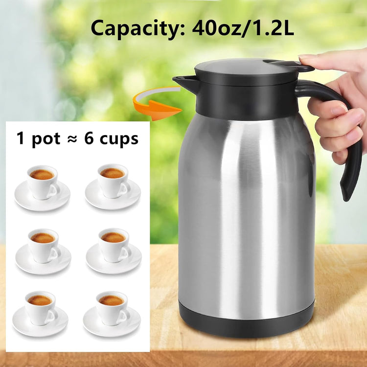 Stainless Steel Thermal Coffee Carafe Dispenser, 40oz Unbreakable Double Wall Vacuum Flask 1.2L Water Tea Pot Beverage Pitcher for Hot Coffee for Christmas Carafe(Silver)