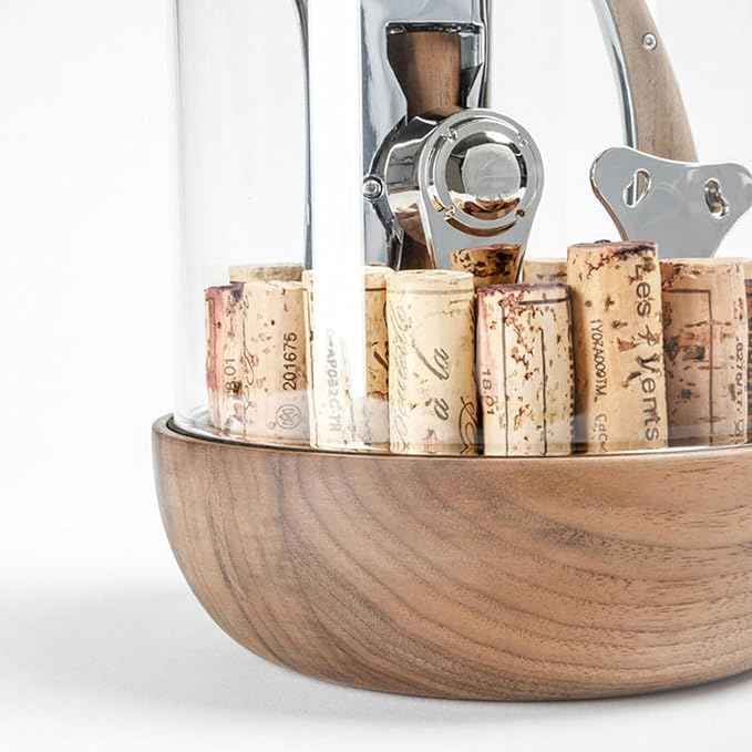 L'atelier Du Vin Oeno Motion Groom Corkscrew & Cork Dome Glass Cloche Display - Tabletop Centerpiece Walnut Wood Base Wine Tasting, Luxury Sommelier Gift Set, Wine Bottle Opener Designed In France