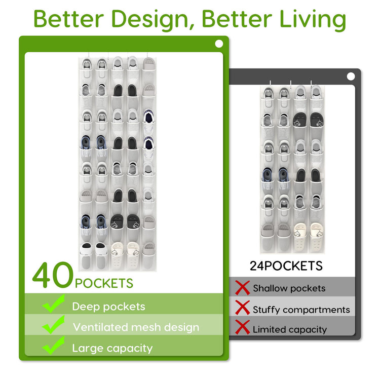 Over the Door Shoe Organizer with 40 Large Breathable Mesh Pockets