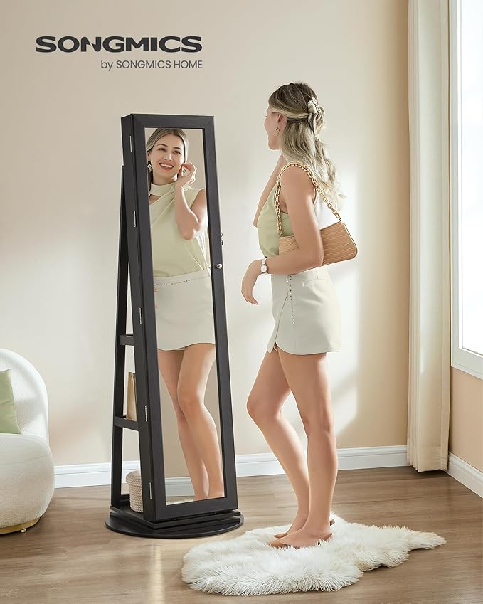 SONGMICS 360° Swivel Jewelry Cabinet, Lockable Jewelry Organizer with Full-Length Mirror, Rear Storage Shelves, Interior Mirror, Jewelry Armoire, Gift Idea, Black UJJC006B01