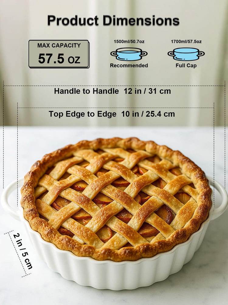 10×2in Deep Ceramic Pie Pan with Handles for Pie Quiche Tart Baking. Easy to grip