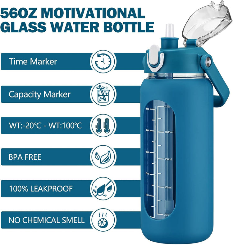 kytffu 56oz Glass Water Bottles with Straw, Motivational Glass Bottle with Silicone Sleeve and Time Marker, Leakproof Large Glass Water Jug for Gym Home Office,Iron Blue