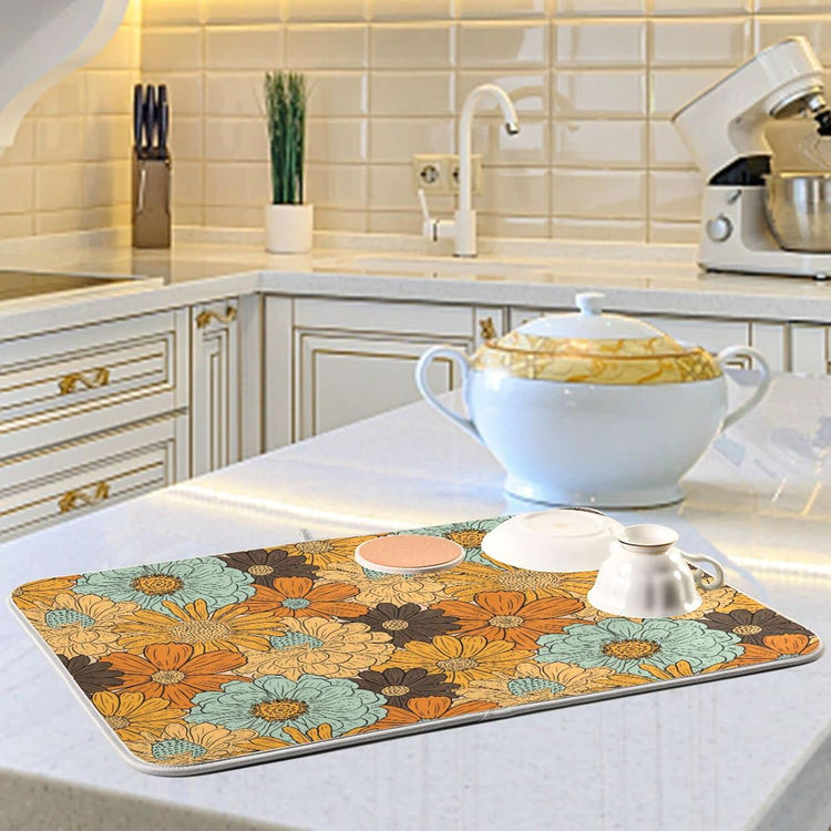 senya Super Absorbent Dish Drying Mat, Microfiber Fast-Drying 16'' x 18'', Kitchen Pad, Retro Flower Daisy
